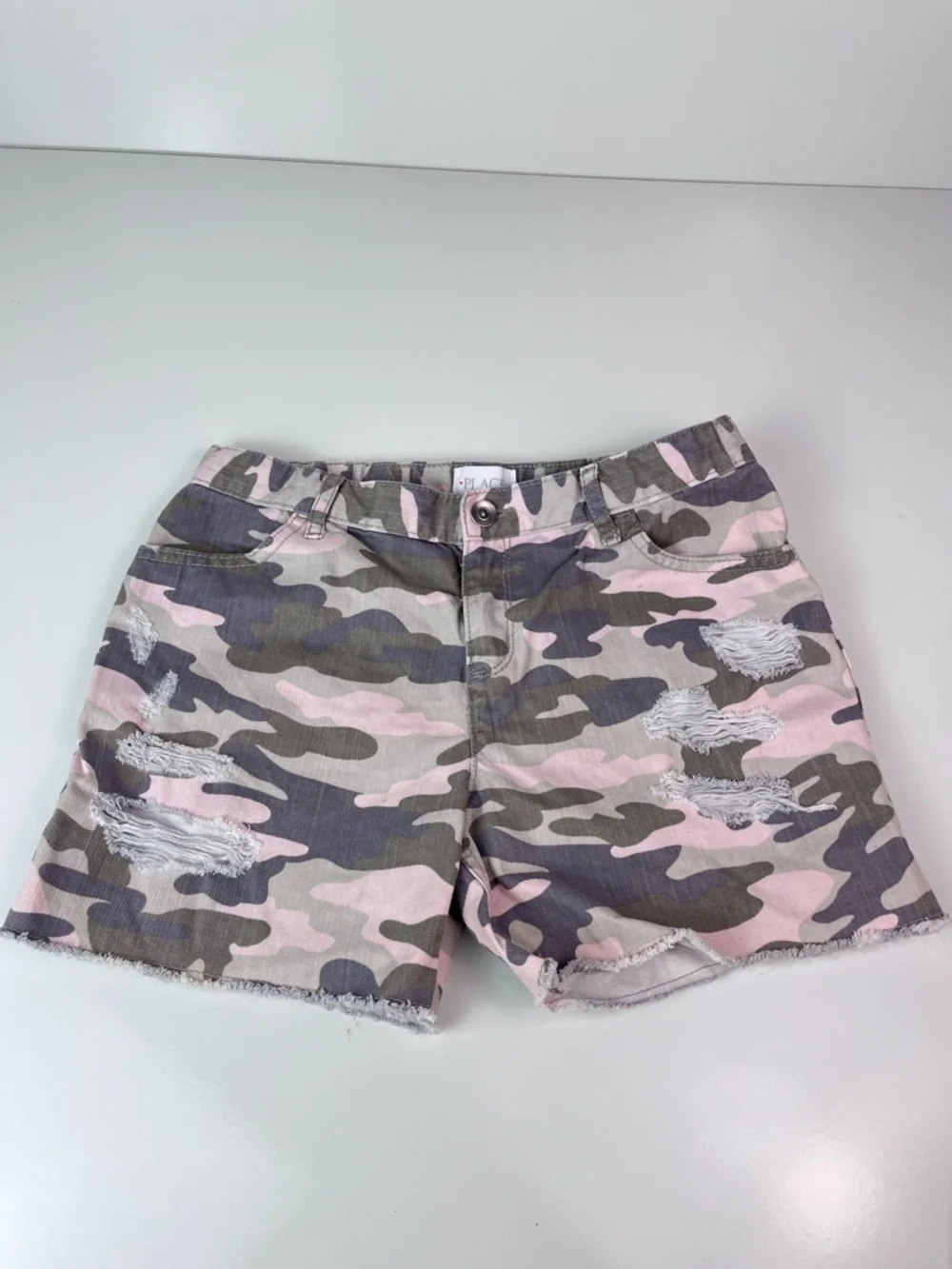 Children’s Girls Place Camouflage Camo Distressed Jeans Shorts Sz 14 Pink Green